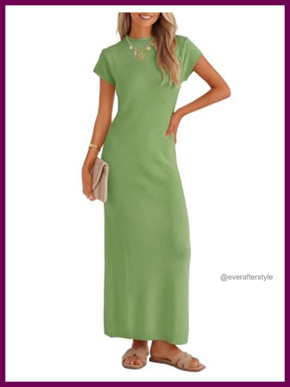 Sweater Knit Bodycon Maxi Dress Short Sleeve Slit Crewneck Casual